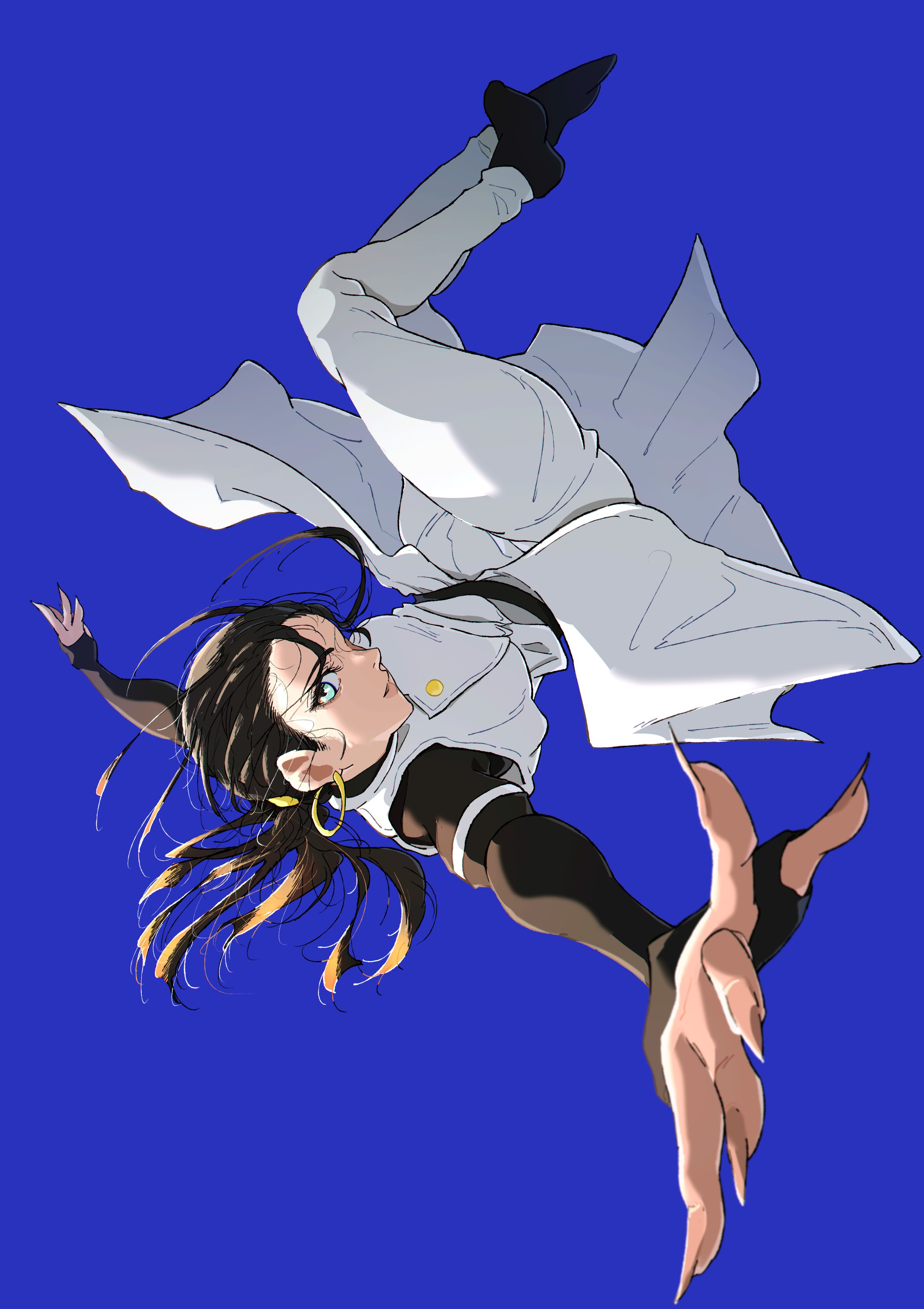 big chunger, jujutsu kaisen, absurdres, highres, 1girl, black hair, blue background, blue eyes, earrings, fingernails, jewelry, looking at viewer, medium hair, midair, okkotsu yuka, sharp fingernails, simple background, solo