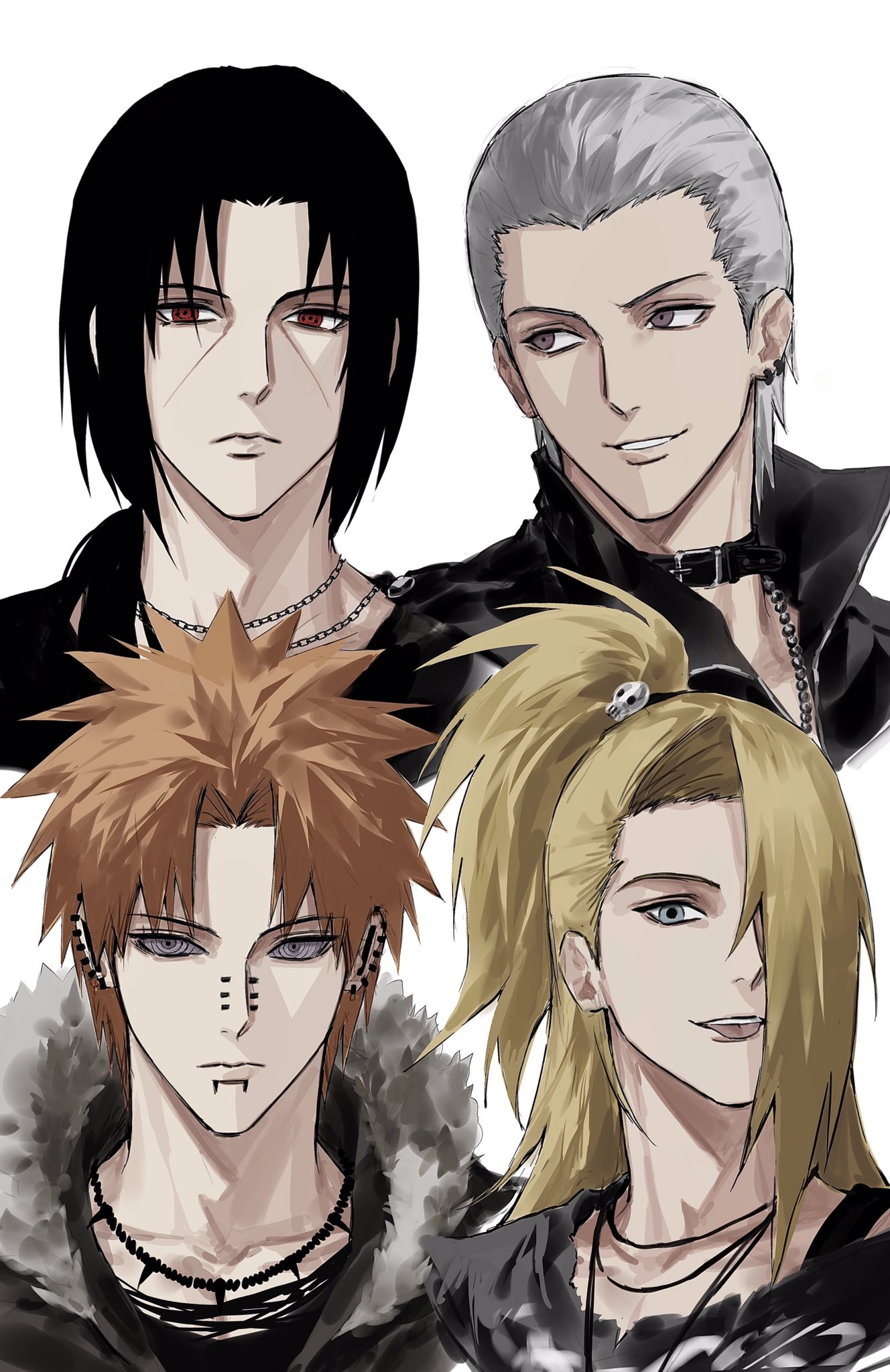 sso s, deidara (naruto), hidan (naruto), pain (naruto), uchiha itachi, naruto (series), naruto shippuuden, highres, 4boys, alternate costume, black choker, black hair, black jacket, black shirt, blonde hair, blue eyes, choker, closed mouth, ear piercing, earrings, face piercing, fur trim, grey hair, hair over one eye, high ponytail, jacket, jewelry, long hair, looking at viewer, male focus, multiple boys, multiple piercings, necklace, nose piercing, orange hair, piercing, ponytail, red eyes, rinnegan, sharingan, shirt, short hair, simple background, smile, tongue, tongue out, white background