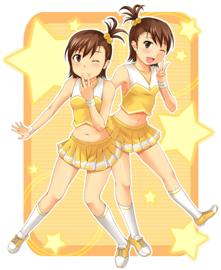 nishi (count2.4), futami ami, futami mami, idolmaster, idolmaster (classic), idolmaster 1, 00s, 2girls, brown eyes, brown hair, cheerleader, hair bobbles, hair ornament, midriff, multiple girls, one eye closed, siblings, side ponytail, sisters, smile, socks, star (symbol), twins, v, wink, wristband