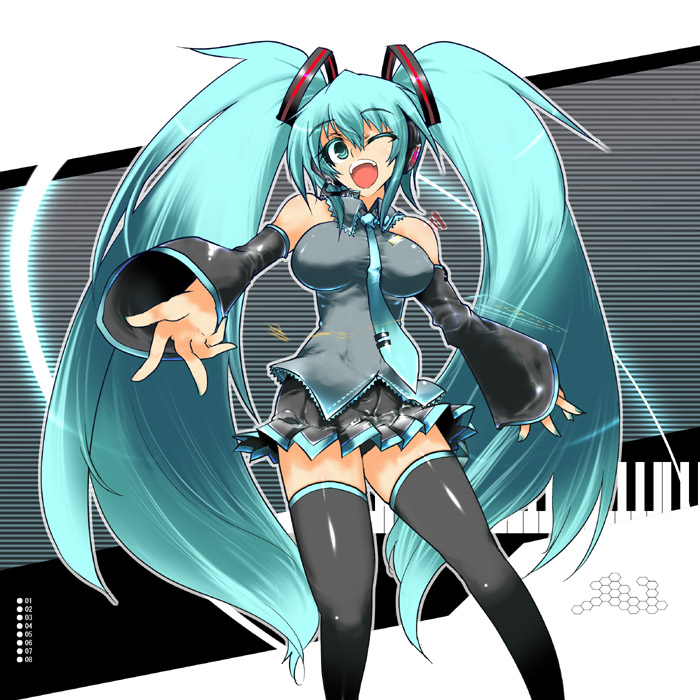 aoguu, hatsune miku, vocaloid, bad id, bad pixiv id, 1girl, blue eyes, blue hair, detached sleeves, female focus, long hair, matching hair/eyes, necktie, one eye closed, skirt, solo, thighhighs, twintails, wink, zettai ryouiki