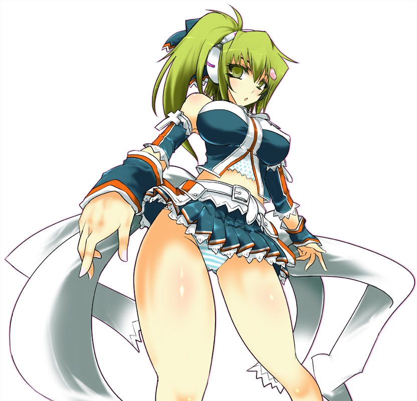 aoguu, kitami erika, beatmania iidx, beatmania iidx 14 gold, bemani, bad id, 1girl, breasts, covered erect nipples, female focus, green eyes, green hair, headphones, lace, large breasts, matching hair/eyes, midriff, panties, ponytail, skirt, solo, striped clothes, striped panties, thighs, underwear, upskirt