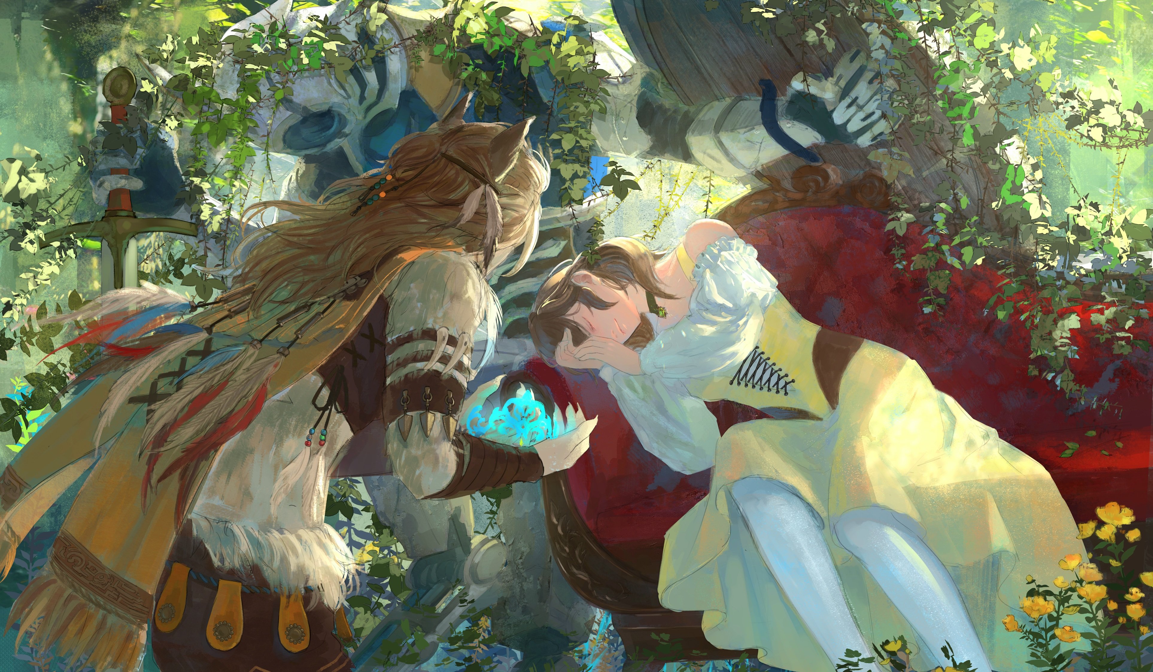 cho.s.h, sphene (ff14), wuk lamat, final fantasy, final fantasy xiv, absurdres, highres, 1boy, 2girls, animal ears, brown hair, cape, couch, dress, holding, holding shield, holding tiara, hrothgar, lion ears, lion girl, multiple girls, on couch, otis velona, robot, shield, sleeping, sword, tiara, weapon