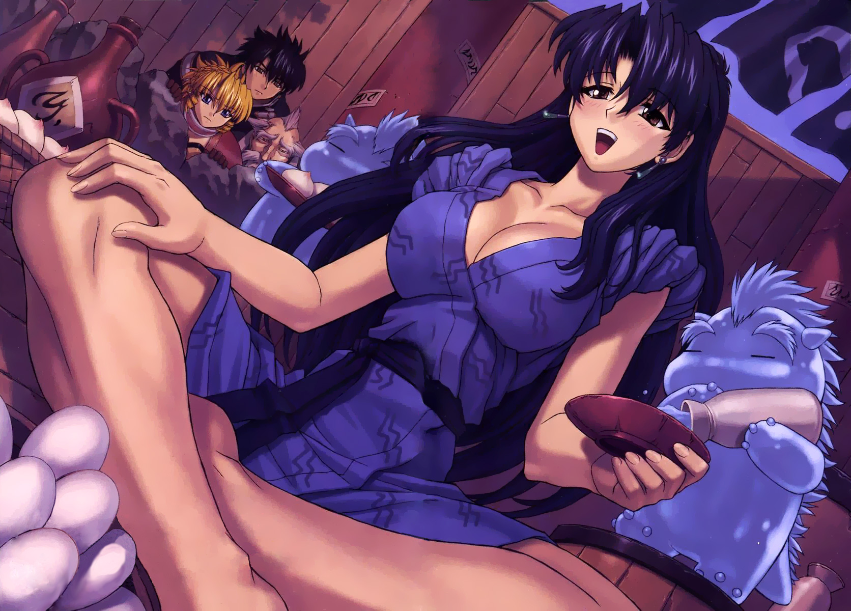 mogudan, pacifica casull, raquel casull, shannon casull, scrapped princess, highres, non-web source, 00s, 2boys, 2girls, alcohol, breasts, cleavage, huge breasts, multiple boys, multiple girls, sake