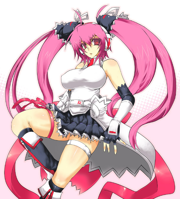 aoguu, mizushiro celica, beatmania iidx, beatmania iidx 15 dj troopers, bemani, bad id, 1girl, boots, breasts, elbow gloves, female focus, gloves, large breasts, long hair, nipples, pink eyes, pink hair, solo, twintails