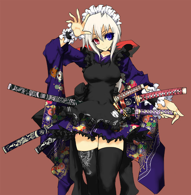 aoguu, itai, futaba channel, nijiura maids, bad id, bad pixiv id, 1girl, combat maid, female focus, heterochromia, japanese clothes, katana, kimono, maid, solo, sword, thighhighs, wa maid, weapon, white hair, yukata