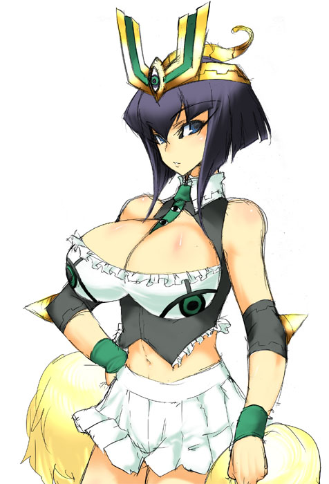 aoguu, titi xiv, otomedius, 1girl, ancient egyptian, between breasts, blue eyes, breasts, cheerleader, crown, elbow spikes, female focus, hat, huge breasts, necktie, pom pom (cheerleading), purple hair, skirt, solo