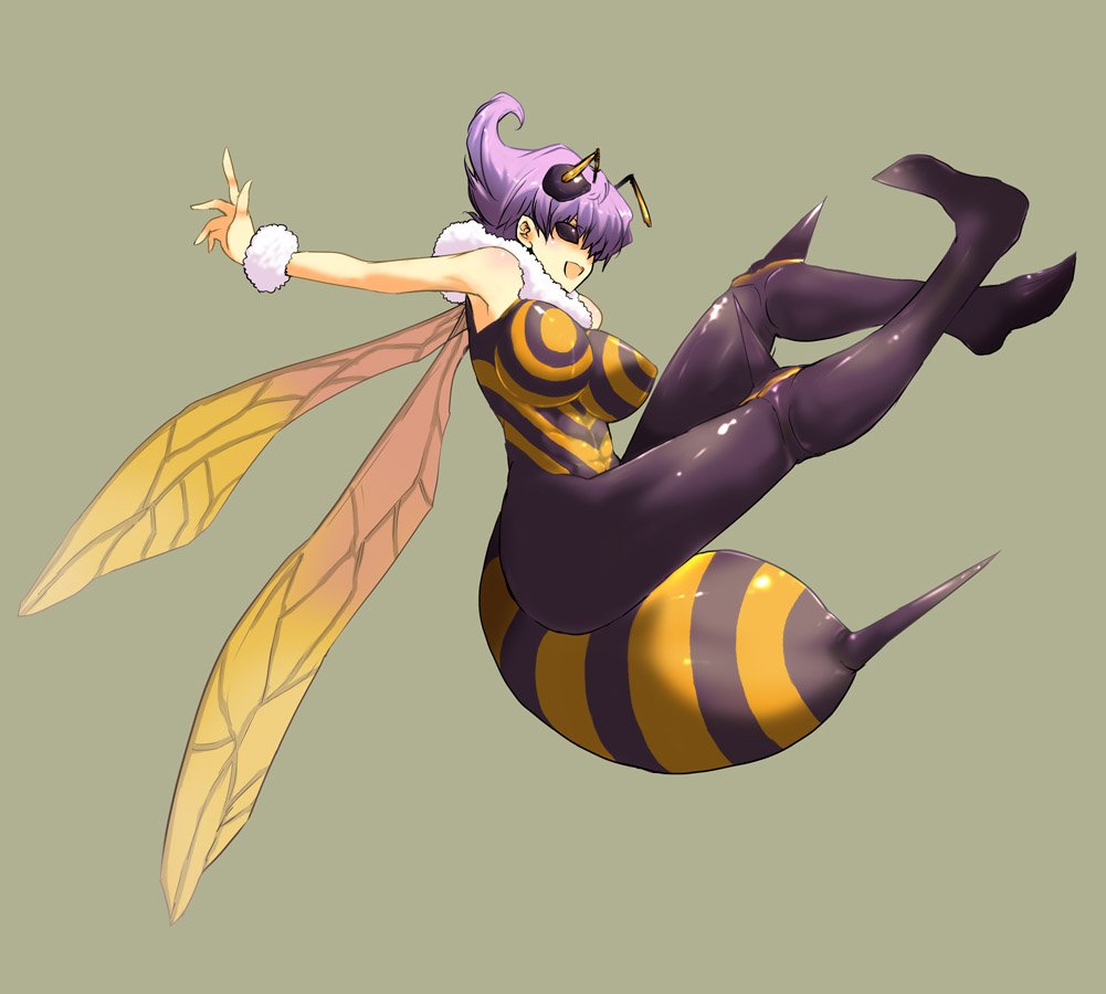 aoguu, q-bee, capcom, darkstalkers, bad id, 1girl, antennae, arthropod girl, bee girl, female focus, insect girl, monster girl, pantyhose, purple hair, solo, stinger, wings