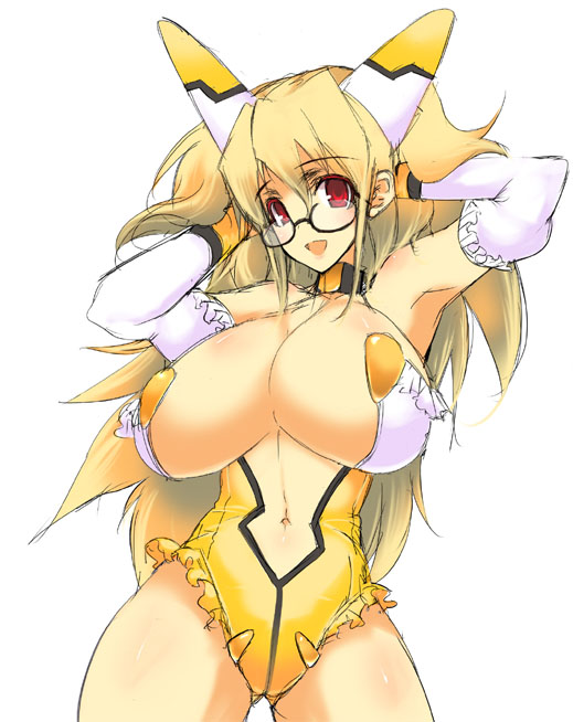aoguu, diol twee, otomedius, bad id, 1girl, blonde hair, breasts, brown hair, detached sleeves, elbow gloves, female focus, glasses, gloves, huge breasts, large breasts, leotard, long hair, red eyes, revealing clothes, robot ears, solo