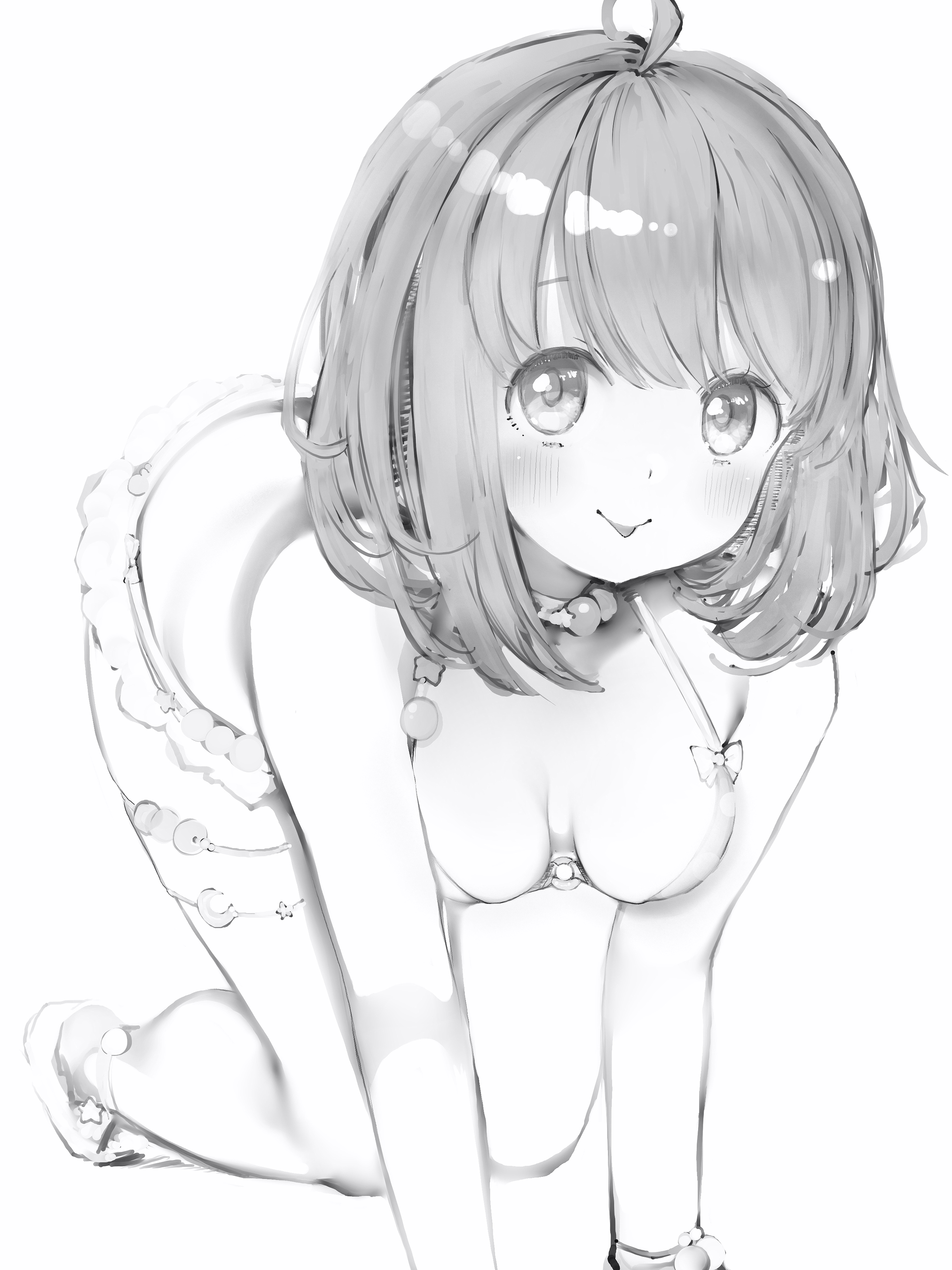 nanashi (nlo), himemori luna, hololive, absurdres, highres, 1girl, ahoge, all fours, bare shoulders, bikini, blush, bow, bow bikini, breasts, closed mouth, greyscale, looking at viewer, medium hair, monochrome, sandals, simple background, smile, solo, swimsuit, thigh strap, thighs, tongue, tongue out, virtual youtuber