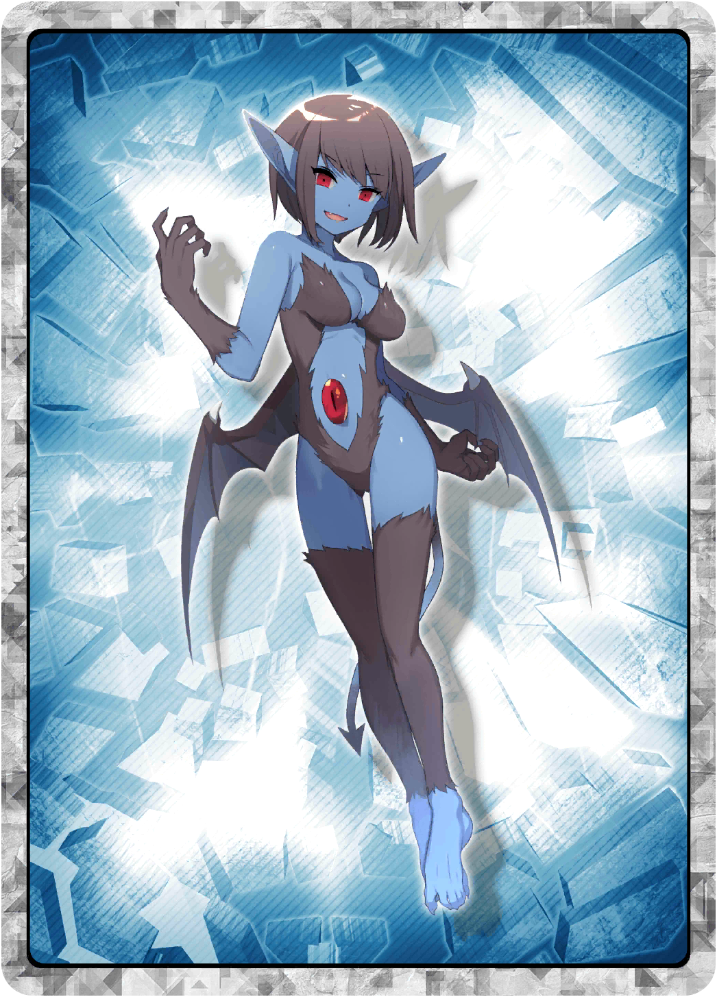 lilim (monster farm), pixie (monster farm), line: monster farm, monster farm, official art, 1girl, animal ears, bat ears, black hair, blue skin, colored skin, demon girl, demon tail, fur bikini, gem, gem on navel, horns, monster girl, pixie cut, pointy ears, red eyes, smile, tail, wings
