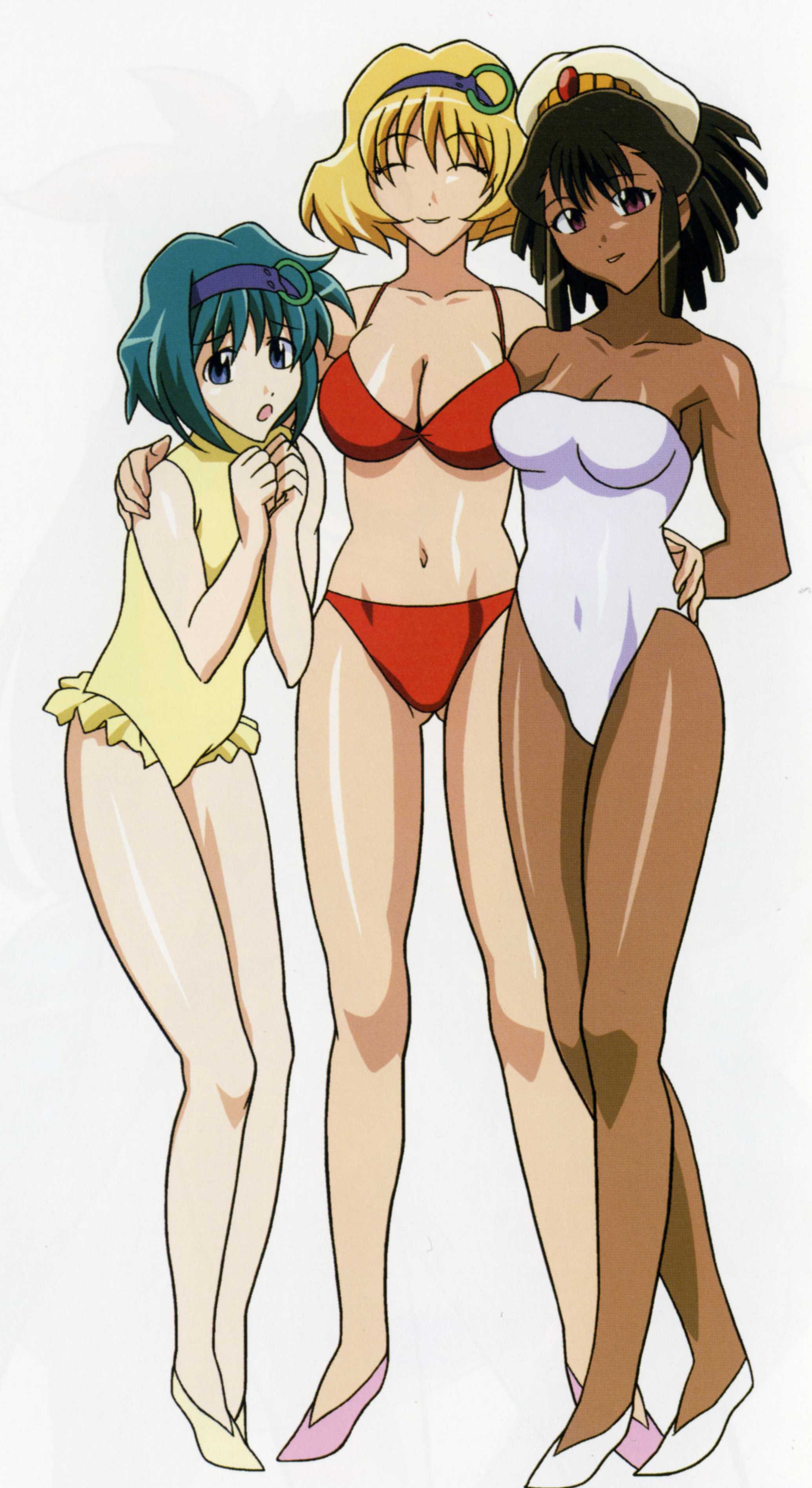 amarone slaintheav, belvedere coco, celtic midori, vandread, absurdres, highres, non-web source, 00s, 3girls, bikini, blonde hair, blue eyes, blue hair, breasts, brown hair, cleavage, closed eyes, dark-skinned female, dark skin, hairband, hat, large breasts, multiple girls, navel, open mouth, short hair, smile, swimsuit