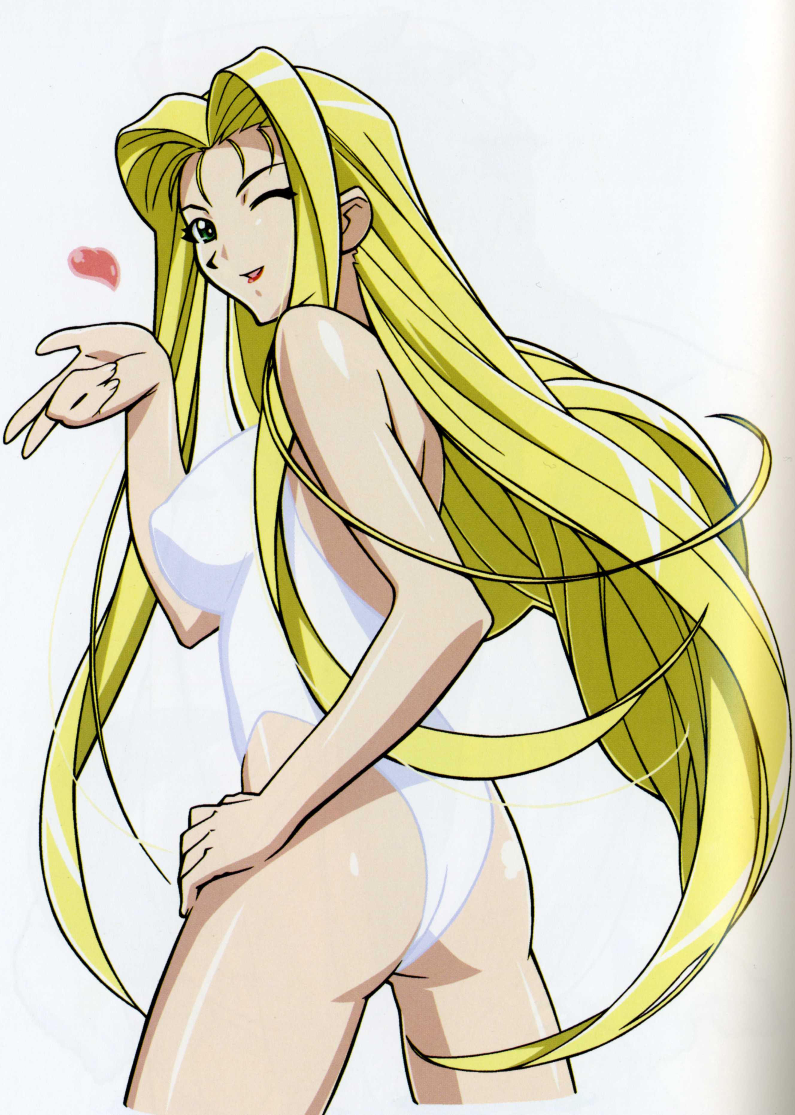 jura basil elden, vandread, absurdres, highres, non-web source, 00s, 1girl, ass, blonde hair, breasts, covered erect nipples, female focus, large breasts, long hair, one-piece swimsuit, one eye closed, solo, swimsuit, wink