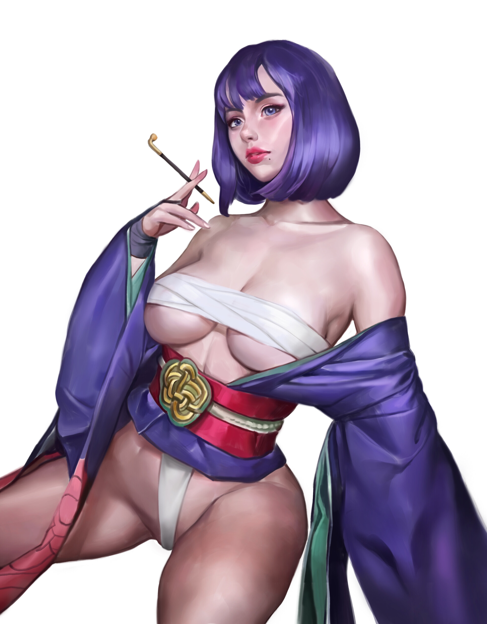 znor, shuten douji (fate), fate/grand order, fate (series), original, absurdres, highres, 1girl, breasts, cosplay, japanese clothes, kimono, medium breasts, pink hair, shuten douji (fate) (cosplay), simple background, smoking pipe, solo