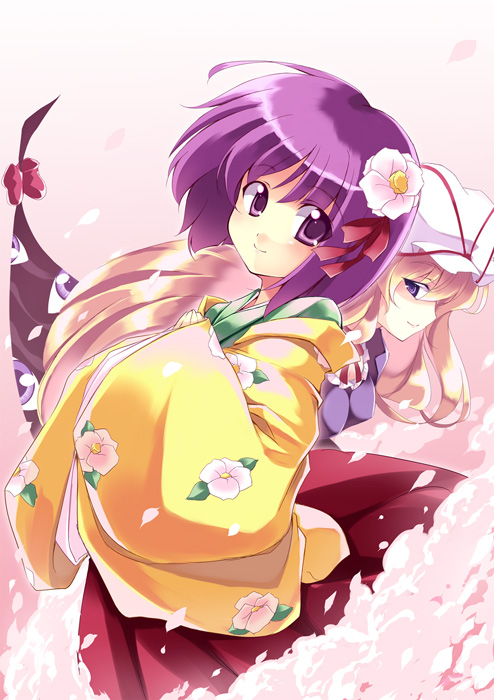 tooya, touya (the-moon), hieda no akyuu, yakumo yukari, perfect memento in strict sense, touhou, 2girls, blonde hair, breasts, cherry blossoms, female focus, flower, gap (touhou), gradient background, hat, japanese clothes, multiple girls, plant, purple eyes, purple hair, skirt