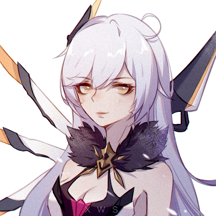 kiana kaslana, kiana kaslana (herrscher of the void), honkai (series), honkai impact 3rd, 1girl, ahoge, breasts, cleavage, closed mouth, dress, hair ornament, large breasts, long hair, looking at viewer, sammdr, simple background, single wing, solo, white background, white dress, white hair, wings, yellow eyes