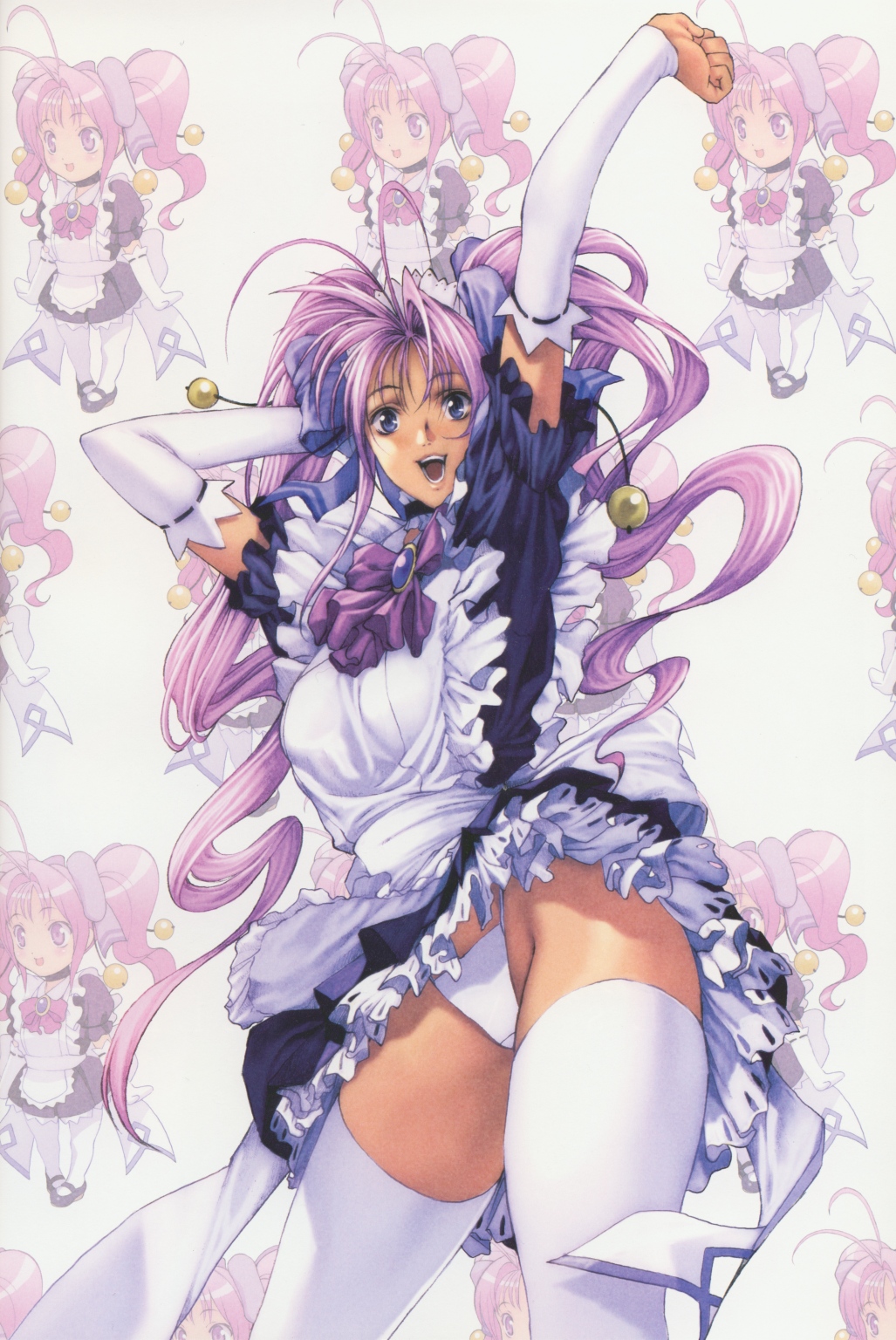 homare (fool's art), shizune (homare), original, highres, non-web source, source request, 1girl, antenna hair, apron, bow, chibi, chibi inset, clothes lift, cowboy shot, detached sleeves, elbow gloves, female focus, gloves, hair bow, hair intakes, highleg, highleg panties, lipstick, long hair, maid, maid apron, maid headdress, makeup, panties, purple eyes, purple hair, purple lips, ribbon, skirt, skirt lift, solo, stretching, thighhighs, underwear, upskirt, white panties, white thighhighs