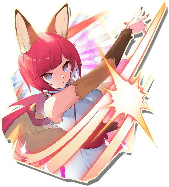 pixie (monster farm), line: monster farm, monster farm, official art, 1girl, animal ears, blue eyes, fox girl, fur bikini, fur dress, horns, kitsune, monster girl, nail polish, pixie cut, pointy ears, red hair, wings