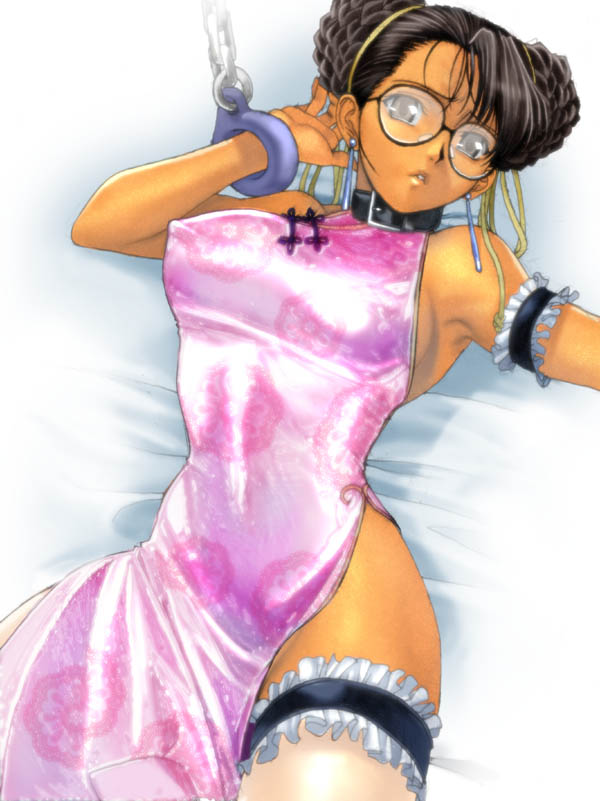 homare (fool's art), chun-li, capcom, street fighter, jpeg artifacts, 1girl, alternate costume, arm garter, armband, bespectacled, braid, braided bun, breasts, chain, china dress, chinese clothes, collar, covered erect nipples, cuffs, dark-skinned female, dark skin, double bun, dress, earrings, female focus, frilled thighhighs, frills, glasses, hair bun, jewelry, large breasts, no panties, shackles, side slit, slave, solo, thighhighs