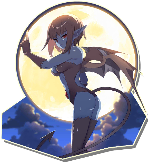 lilim (monster farm), pixie (monster farm), line: monster farm, monster farm, official art, 1girl, animal ears, ass, bat ears, black hair, blue skin, breasts, colored skin, demon girl, demon tail, fur bikini, gem, horns, monster girl, moon, pixie cut, pointy ears, red eyes, tail, wings