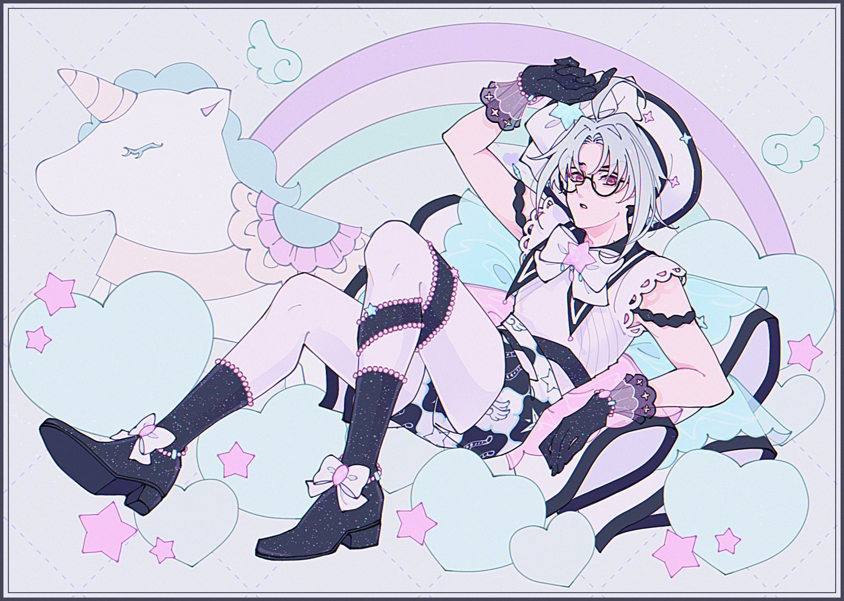 charisma house, highres, 101t sh, 1boy, arm up, black boots, black gloves, boots, bow, brooch, frilled skirt, frills, full body, glasses, gloves, grey hair, hair between eyes, hat, jewelry, kusanagi rikai, leggings, looking at viewer, male focus, open mouth, parted lips, pastel colors, short hair, short sleeves, skirt, solo, star brooch, unicorn, white bow, white hat