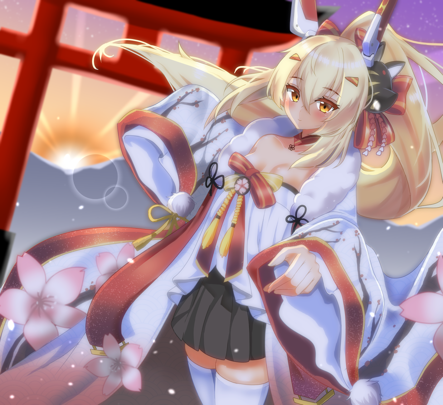 siotarou 0293, ayanami (azur lane), ayanami (pulse of the new year) (azur lane), azur lane, highres, 1girl, bare shoulders, blonde hair, blush, breasts, fox mask, hair between eyes, hair ornament, headgear, high ponytail, japanese clothes, kadomatsu, kimono, long hair, long sleeves, looking at viewer, mask, mask on head, official alternate costume, orange eyes, pleated skirt, ponytail, skirt, solo, thighhighs, white thighhighs, wide sleeves