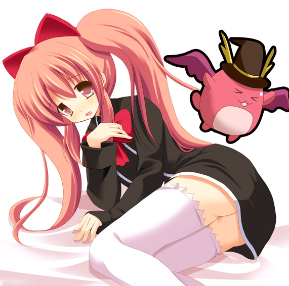 sakura mikan (chirizakura), aloe, aloe (quiz magic academy), quiz magic academy, 1girl, ass, female focus, long hair, pink hair, ribbon, solo, thighhighs, twintails, zettai ryouiki