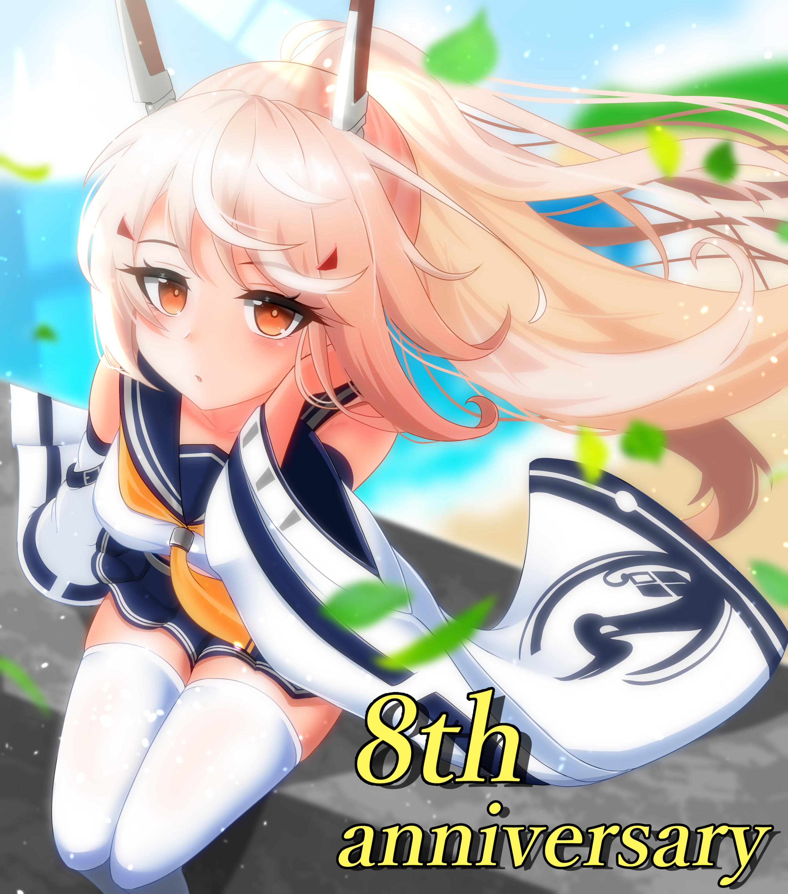 siotarou 0293, ayanami (azur lane), ayanami (retrofit) (azur lane), azur lane, absurdres, highres, 1girl, ascot, bandaid, belt, blonde hair, blue sailor collar, blue skirt, blush, breasts, detached sleeves, hair between eyes, hair ornament, headgear, high ponytail, long hair, looking at viewer, neckerchief, orange eyes, pleated skirt, ponytail, sailor collar, school uniform, serafuku, shirt, sidelocks, skirt, solo, thighhighs, white belt, white thighhighs, wide sleeves, yellow ascot, yellow neckerchief
