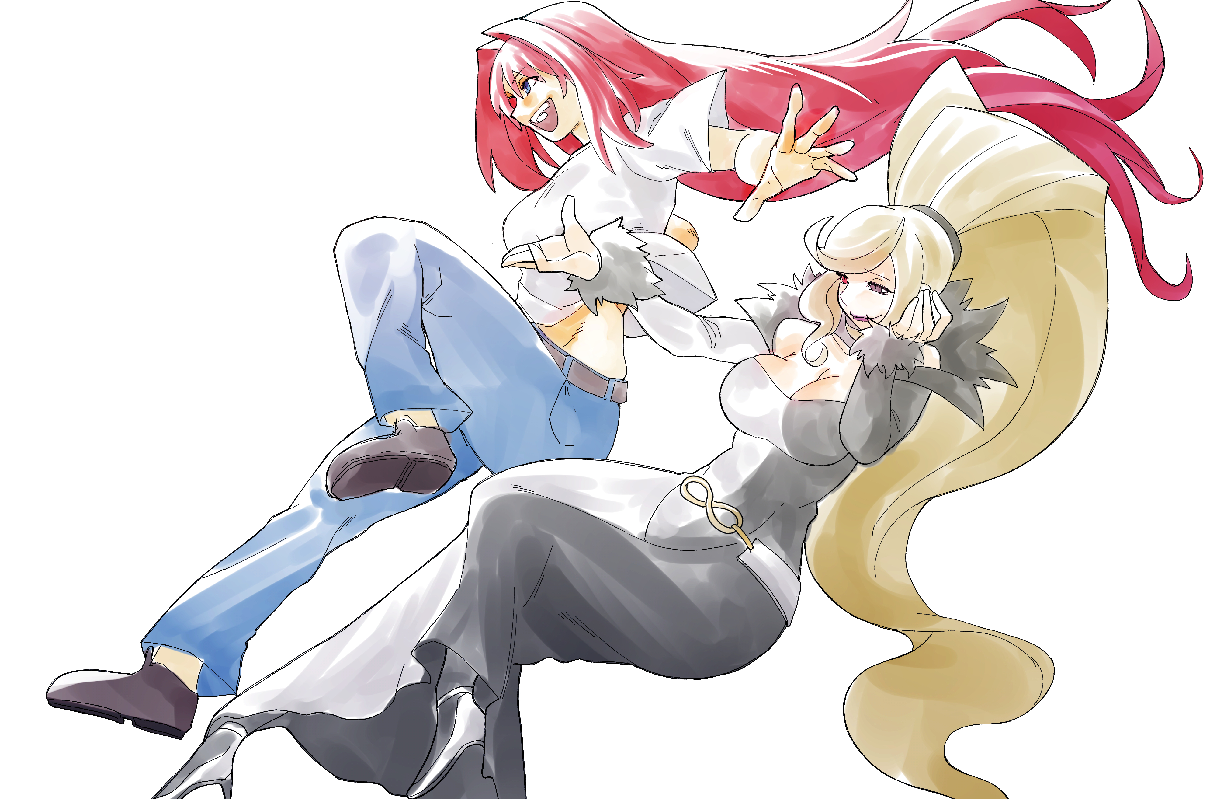 beffen m, aozaki aoko, hilda (under night in-birth), melty blood, tsukihime, under night in-birth, absurdres, highres, 2girls, absurdly long hair, bare shoulders, black eyes, blonde hair, blue eyes, breasts, cleavage, denim, dress, fur trim, heterochromia, high ponytail, jeans, large breasts, long hair, makeup, multicolored dress, multiple girls, off-shoulder dress, off shoulder, pants, ponytail, red eyes, red hair, shirt, smile, swept bangs, two-tone dress, very long hair, white shirt