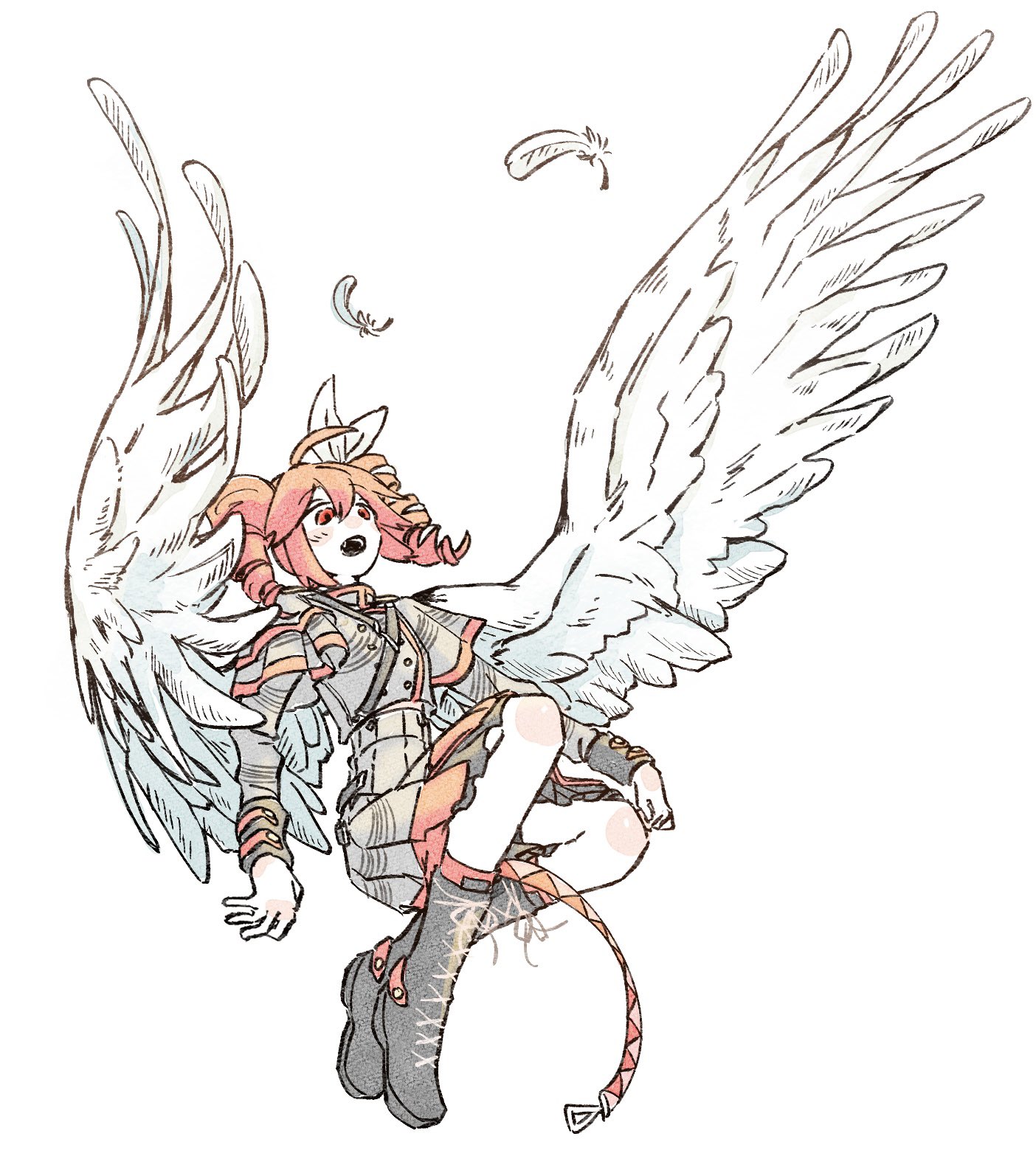 hato no mune wo momitai, kasane teto, kasane teto (sv), synthesizer v, utau, highres, 1girl, ahoge, angel wings, black boots, boots, drill hair, falling feathers, feathers, full body, grey jacket, hair between eyes, jacket, long sleeves, looking up, open mouth, pleated skirt, red eyes, red hair, simple background, skirt, solo, twin drills, white background, white feathers, white wings, wings