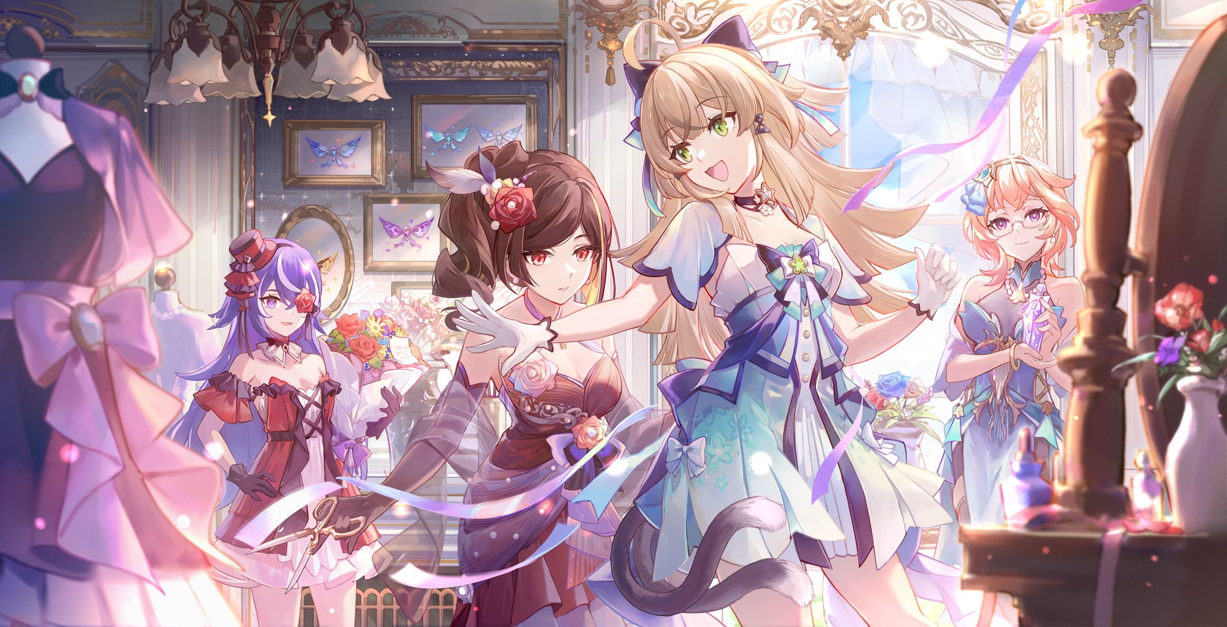 csyday, chevreuse (genshin impact), chiori (genshin impact), crystalfly (genshin impact), emilie (genshin impact), kirara (genshin impact), genshin impact, commentary request, highres, 4girls, alternate costume, black dress, black gloves, blonde hair, bottle, bouquet, breasts, brown hair, cat girl, cat tail, chandelier, cleavage, closed mouth, cowboy shot, detached sleeves, dress, drill hair, drill ponytail, elbow gloves, flower, flower over eye, glasses, gloves, green eyes, hair flower, hair ornament, hair over one eye, hand on own hip, holding, holding bottle, holding bouquet, indoors, looking at another, mannequin, medium hair, multiple girls, multiple tails, nekomata, open mouth, parted lips, perfume bottle, pink hair, purple hair, red eyes, short hair, short sleeves, side ponytail, sleeveless, sleeveless dress, smile, strapless, strapless dress, tail, two tails, vase, white gloves, window