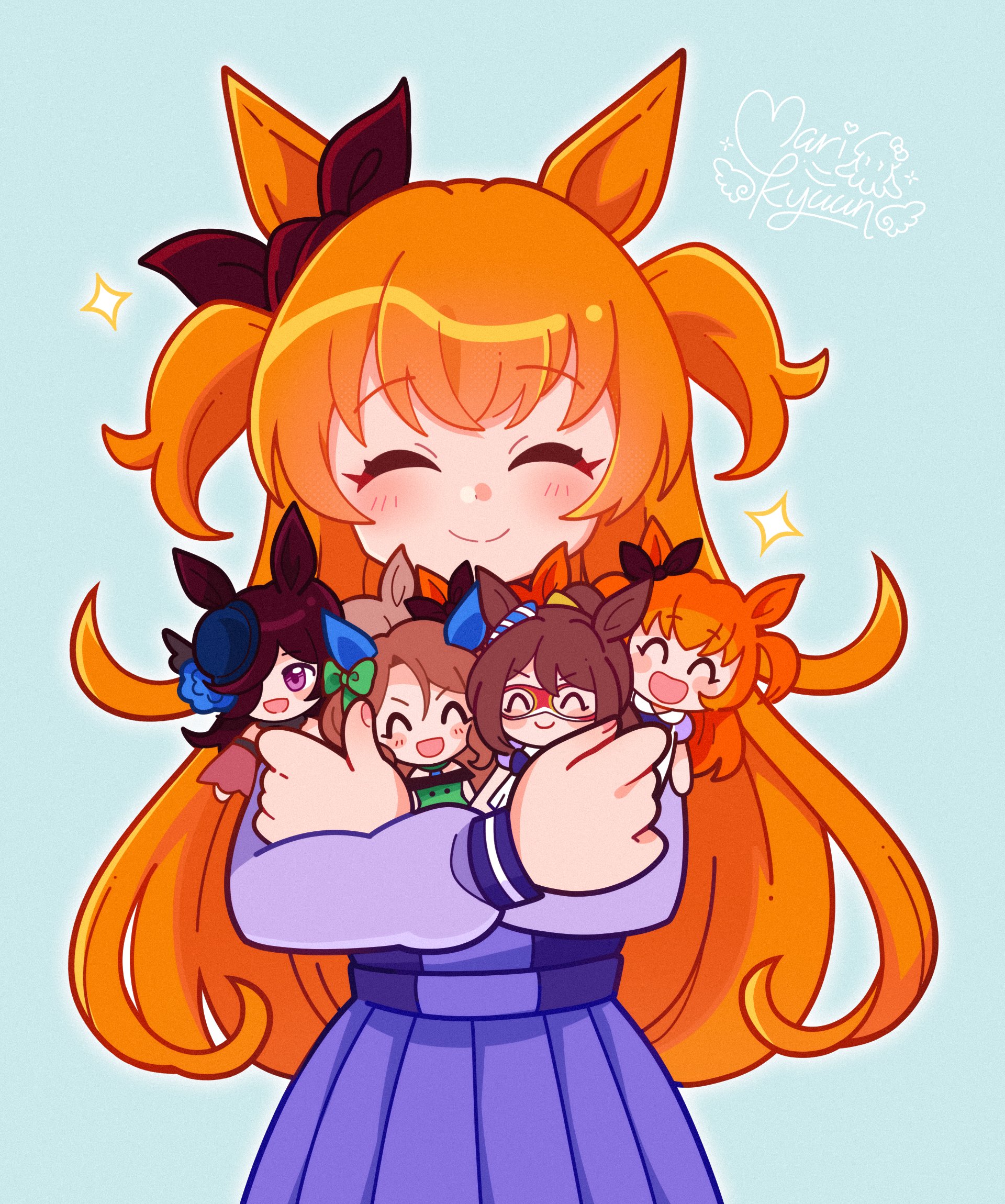 marikyuunn, el condor pasa (umamusume), king halo (umamusume), mayano top gun (umamusume), rice shower (umamusume), smart falcon (umamusume), umamusume, commentary, derivative work, highres, screenshot redraw, 1girl, animal ears, aqua background, blush, bow, closed eyes, cowboy shot, ear ribbon, facing viewer, green bow, hair bow, holding, holding stuffed toy, horse ears, horse girl, long hair, long sleeves, orange hair, pleated skirt, purple shirt, purple skirt, shirt, sign, skirt, smile, solo, sparkle, stuffed animal, stuffed toy, two side up