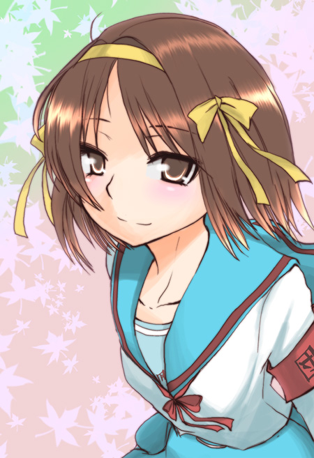 hane (hanegoya), suzumiya haruhi, suzumiya haruhi no yuuutsu, eyebrows, 00s, 1girl, armband, armlet, blue skirt, brown eyes, brown hair, collarbone, female focus, jewelry, long sleeves, looking at viewer, pink background, sailor collar, school uniform, serafuku, shirt, simple background, skirt, smile, solo, upper body, white shirt