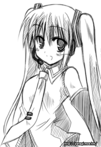 ryuuryuu, hatsune miku, vocaloid, greyscale, monochrome, sketch, solo, twintails