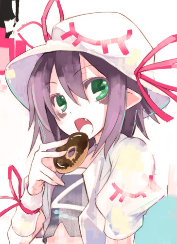 ushiki yoshitaka, merry nightmare, yumekui merry, lowres, 1girl, donut, eating, fang, female focus, food, green eyes, hat, pointy ears, purple hair, ribbon, solo