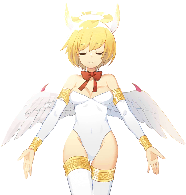 angel (monster farm), pixie (monster farm), line: monster farm, monster farm, official art, 1girl, angel, armlet, blonde hair, bracelet, breasts, closed eyes, detached sleeves, halo, head wings, jewelry, leotard, monster girl, pixie cut, pointy ears, ribbon, smile, thighhighs, thighlet, wings