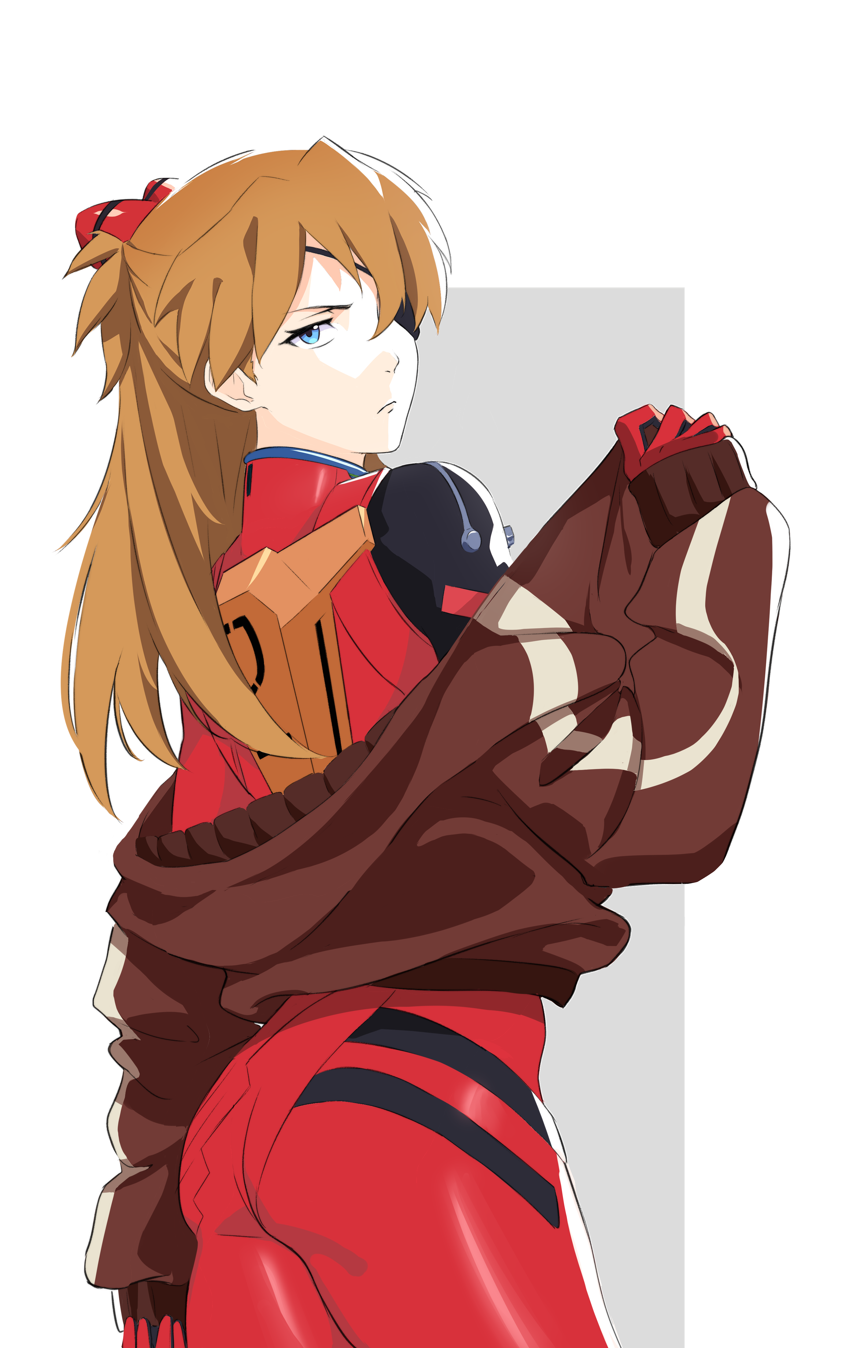 hghwaytohell, souryuu asuka langley, neon genesis evangelion, rebuild of evangelion, highres, 1girl, :/, ass, blue eyes, bodysuit, breasts, brown hair, curvy, eyepatch, hair between eyes, interface headset (evangelion), jacket, long hair, looking at viewer, looking back, mecha pilot suit, open clothes, open jacket, plugsuit (evangelion), red bodysuit, serious, shiny clothes, skin tight, solo, track jacket, tsundere, very long hair, wide hips