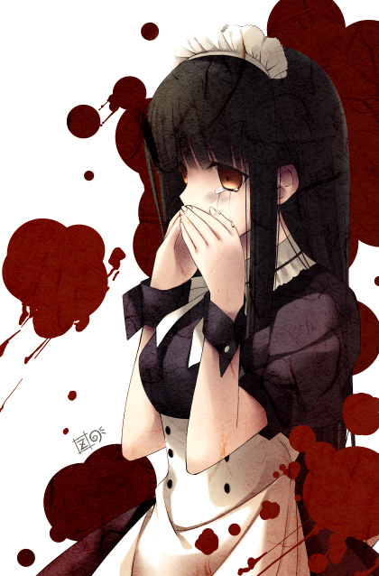 zinno, original, 1girl, black hair, blood, female focus, maid, solo, tears, yellow eyes