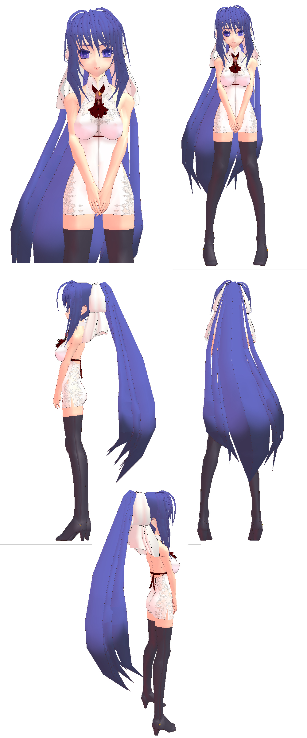 coffee cat, original, absurdres, highres, 1girl, 3d, blue eyes, blue hair, boots, hair ribbon, long hair, multiple views, ponytail, ribbon, sleeveless, thigh boots, thighhighs, turnaround, zettai ryouiki