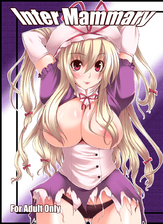 oohira sansetto, oohira sunset, yakumo yukari, touhou, 1girl, blush, breasts, dress, female focus, gradient background, hat, huge breasts, midriff, panties, ribbon, smile, solo, torn clothes, underwear, white background
