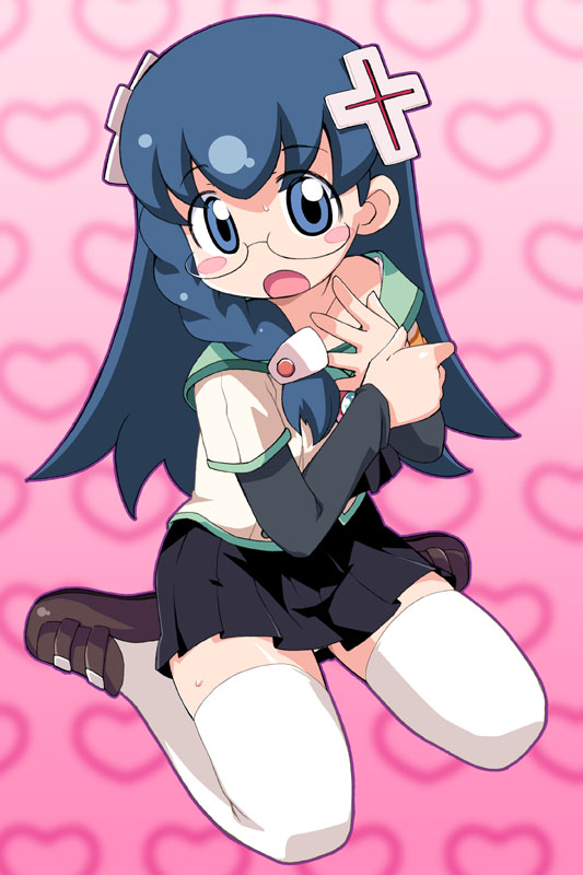 hiro hiroki, abe maria, doki doki majo shinpan, 1girl, :o, blue eyes, blue hair, blush, blush stickers, braid, cross, female focus, full body, glasses, hair ornament, heart, latin cross, long hair, matching hair/eyes, open mouth, side braid, skirt, solo, thighhighs, white thighhighs, zettai ryouiki
