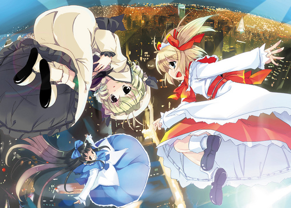 takatsuki tsukasa, luna child, star sapphire, sunny milk, perfect memento in strict sense, touhou, lights, 3girls, ass, black hair, blonde hair, city, cityscape, drill hair, fairy, fairy wings, female focus, floating hair, flying, hair ribbon, hat, long hair, long skirt, looking at viewer, multiple girls, night, outstretched arms, ribbon, shoes, short hair, skirt, slippers, smile, socks, spread arms, twintails, upside-down, upskirt, very long hair, wings