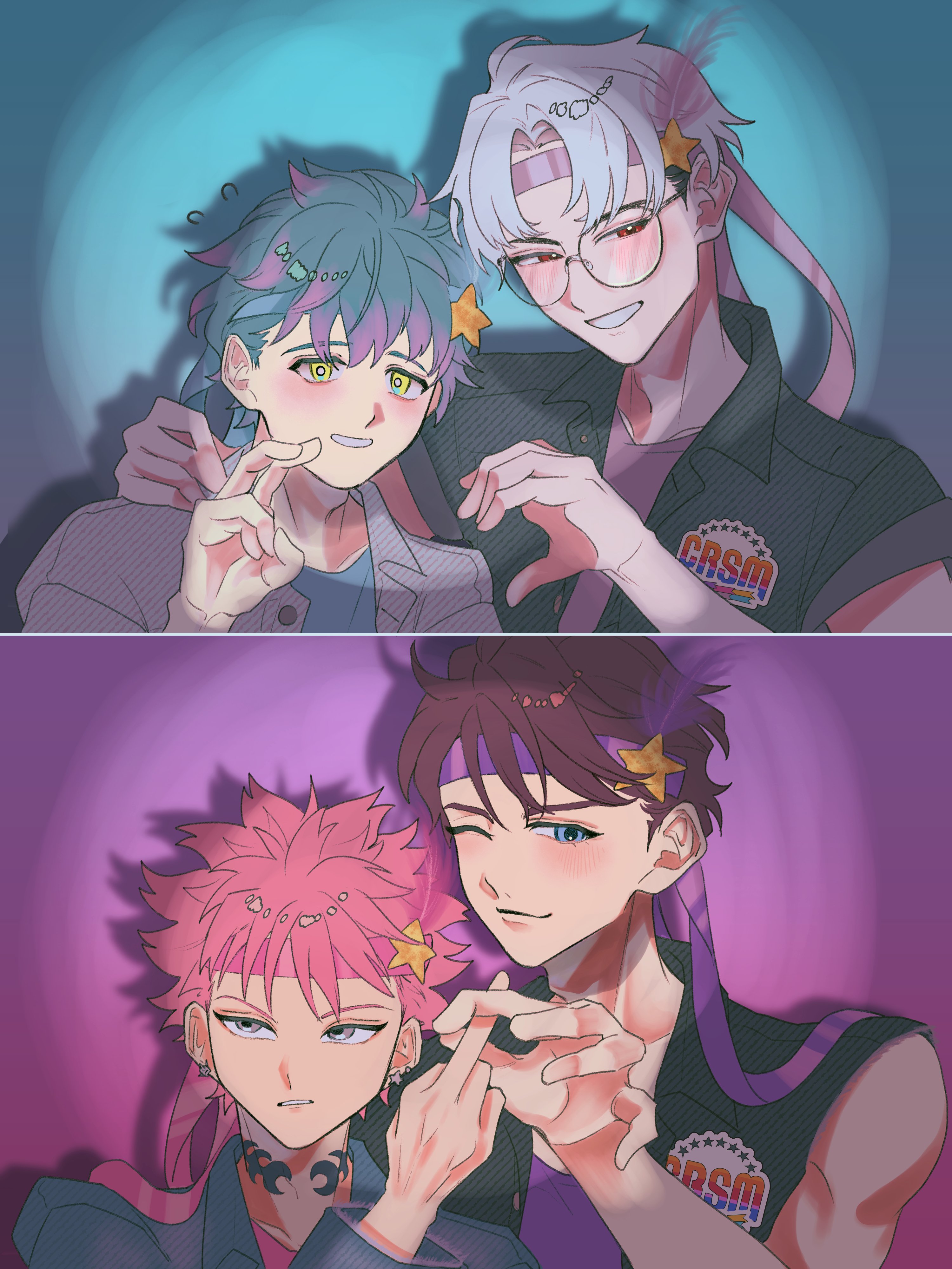 tendou amahiko, charisma house, absurdres, highres, 4boys, blue eyes, blue hair, glasses, grey hair, hair between eyes, hair ornament, half-heart hands, hand on another's shoulder, headband, komechuuuu101, kusanagi rikai, looking at viewer, male focus, middle finger, multiple boys, neck tattoo, ohse minato, one eye closed, parted bangs, pink hair, pink headband, purple headband, red eyes, sarukawa kei, short hair, short sleeves, smile, spiked hair, star (symbol), star hair ornament, tattoo, upper body