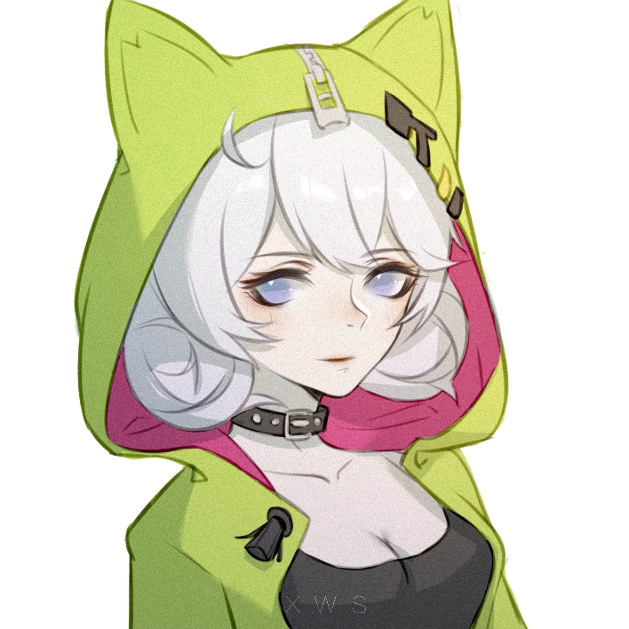 kiana kaslana, kiana kaslana (knight moonbeam), kiana kaslana (lemon soda), honkai (series), honkai impact 3rd, 1girl, ahoge, black shirt, blue eyes, breasts, cleavage, closed mouth, double bun, green jacket, hair bun, hood, hood up, jacket, looking at viewer, medium breasts, sammdr, shirt, simple background, solo, upper body, white background, white hair, zipper, zipper pull tab