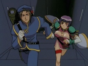 hida kousei, li meifon, angel links, animated, animated gif, anime screenshot, lowres, 1990s (style), 1boy, 1girl, bouncing breasts, breasts, cleavage, huge breasts, meifon li, purple hair, retro artstyle, running, short hair