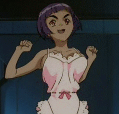 li meifon, angel links, animated, animated gif, anime screenshot, lowres, 1990s (style), 1girl, :d, bare shoulders, blunt bangs, bob cut, bouncing breasts, bow, breasts, cleavage, clenched hands, cowboy shot, female focus, indoors, lace, large breasts, lingerie, negligee, no bra, open mouth, purple hair, red eyes, retro artstyle, ribbon trim, short hair, sideboob, smile, solo, standing, thick eyebrows, underwear, underwear only