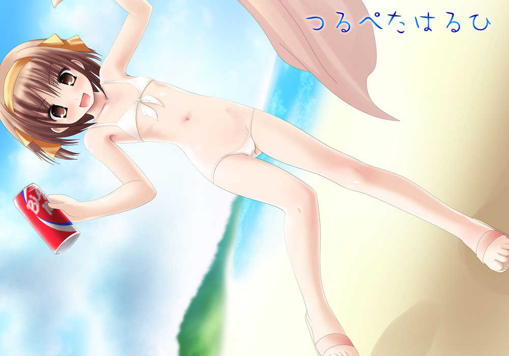 namamo nanase, suzumiya haruhi, suzumiya haruhi no yuuutsu, 00s, 1girl, beach, bikini, day, drink, female focus, flat chest, front-tie top, hairband, ocean, outdoors, sandals, solo, swimsuit