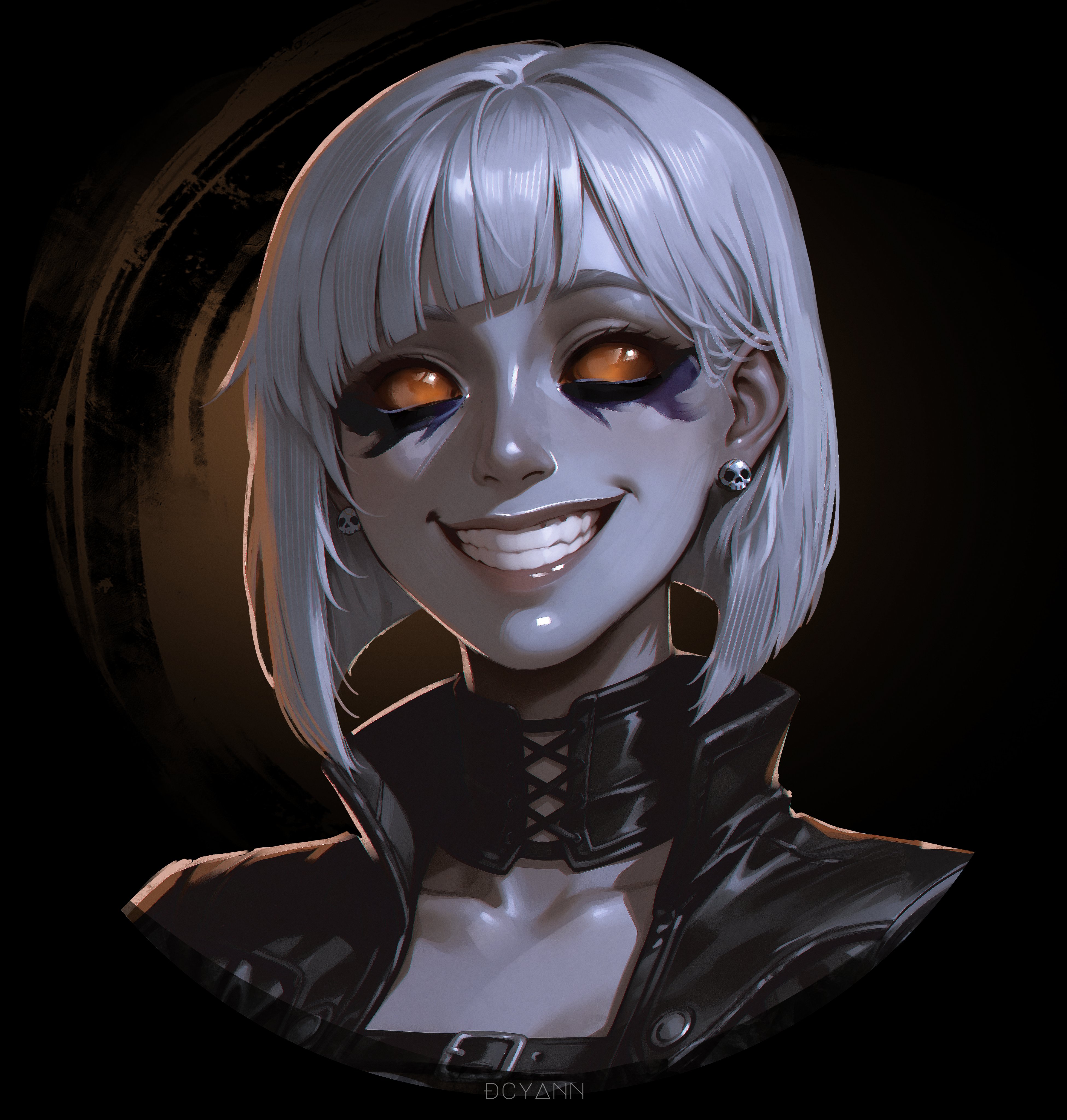 dcyann, dungeons & dragons, absurdres, highres, 1girl, artist name, colored skin, earrings, grey skin, grin, jewelry, looking at viewer, orange eyes, portrait, short hair, skull earrings, smile, solo, white hair