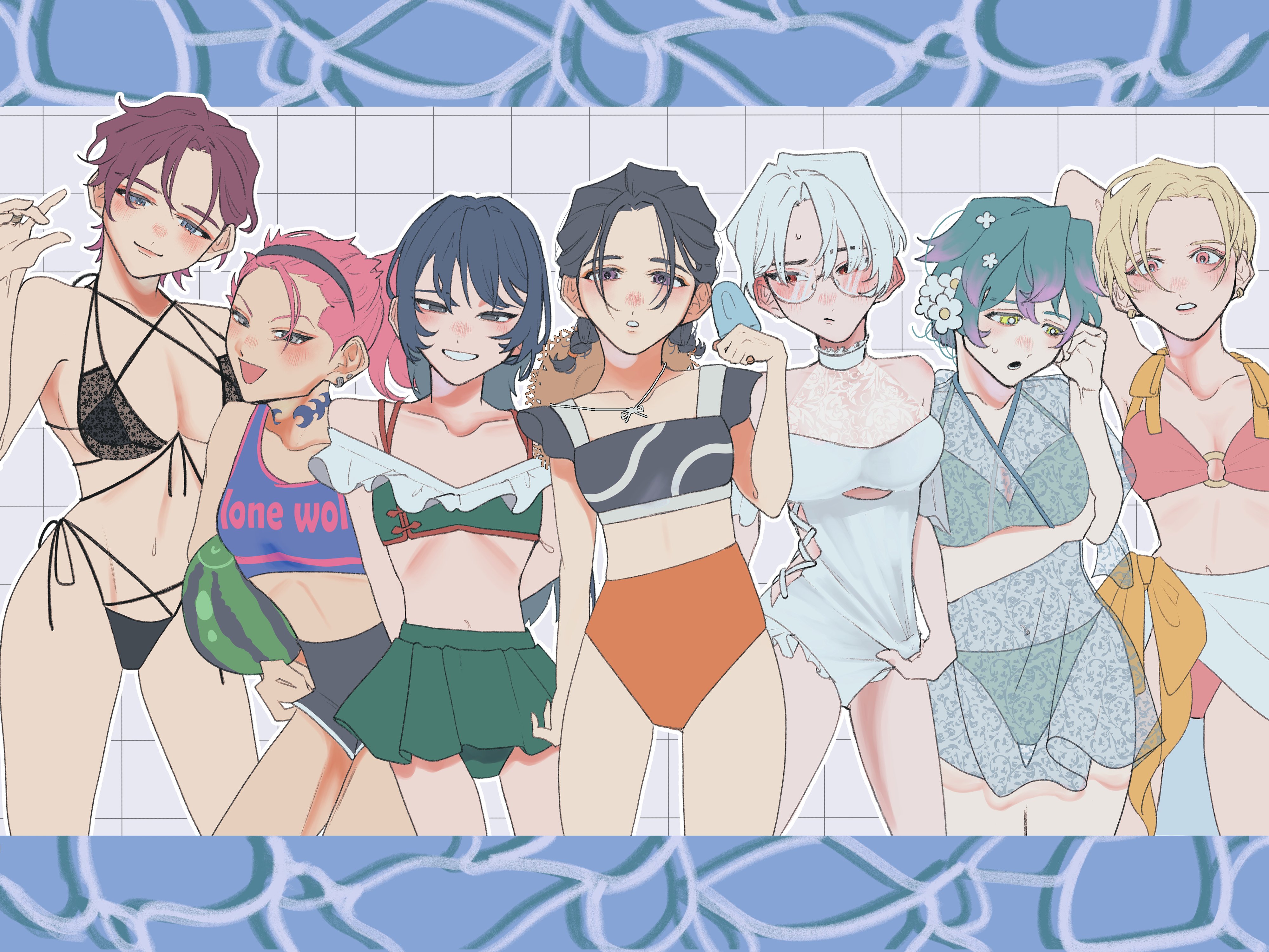 itou fumiya, tendou amahiko, terra (charisma house), charisma house, absurdres, highres, 6+girls, bikini, black hair, blonde hair, blue hair, cowboy shot, food, frilled bikini, frills, genderswap, genderswap (mtf), hair between eyes, headband, holding, holding food, holding popsicle, komechuuuu101, kusanagi rikai, looking at viewer, motohashi iori, multiple girls, neck tattoo, o-ring, o-ring bikini, ohse minato, one-piece swimsuit, open mouth, parted bangs, parted lips, pink hair, popsicle, red eyes, sarukawa kei, smile, swimsuit, tattoo, thong bikini, white hair, white one-piece swimsuit, yellow eyes