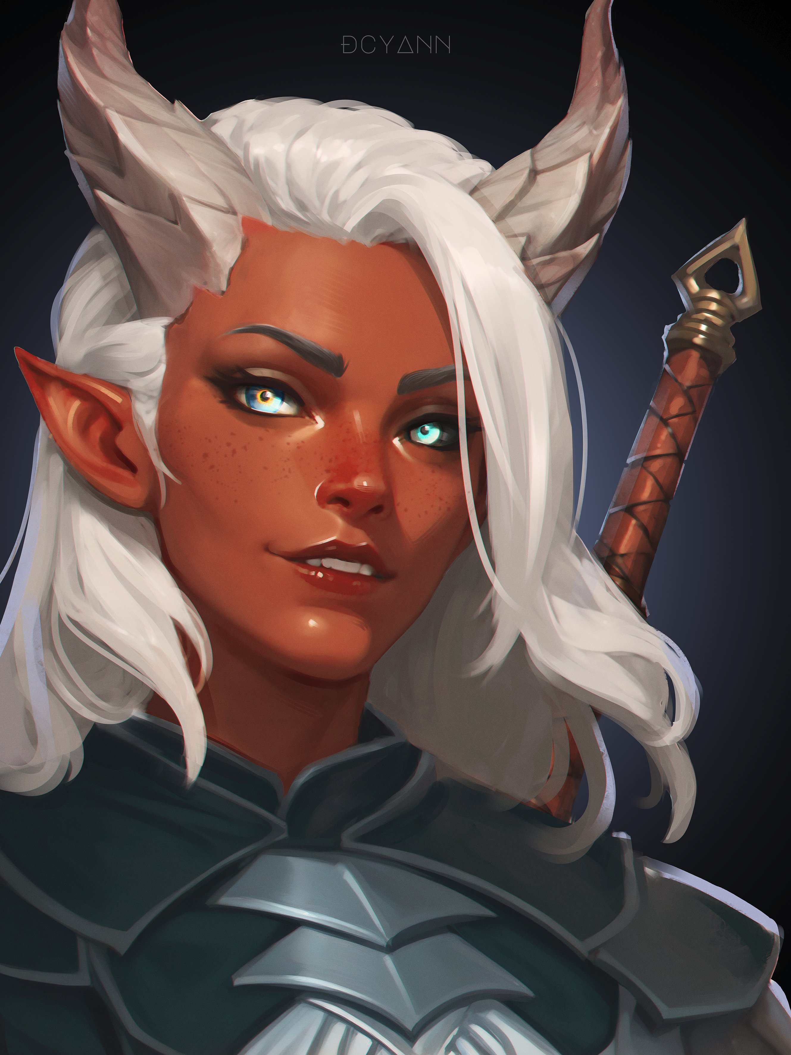 dcyann, tav (baldur's gate), tiefling, baldur's gate, baldur's gate 3, dungeons & dragons, dungeons & dragons, absurdres, highres, 1girl, armor, artist name, blue eyes, brown eyes, heterochromia, horns, long hair, looking at viewer, pointy ears, solo, upper body, white hair