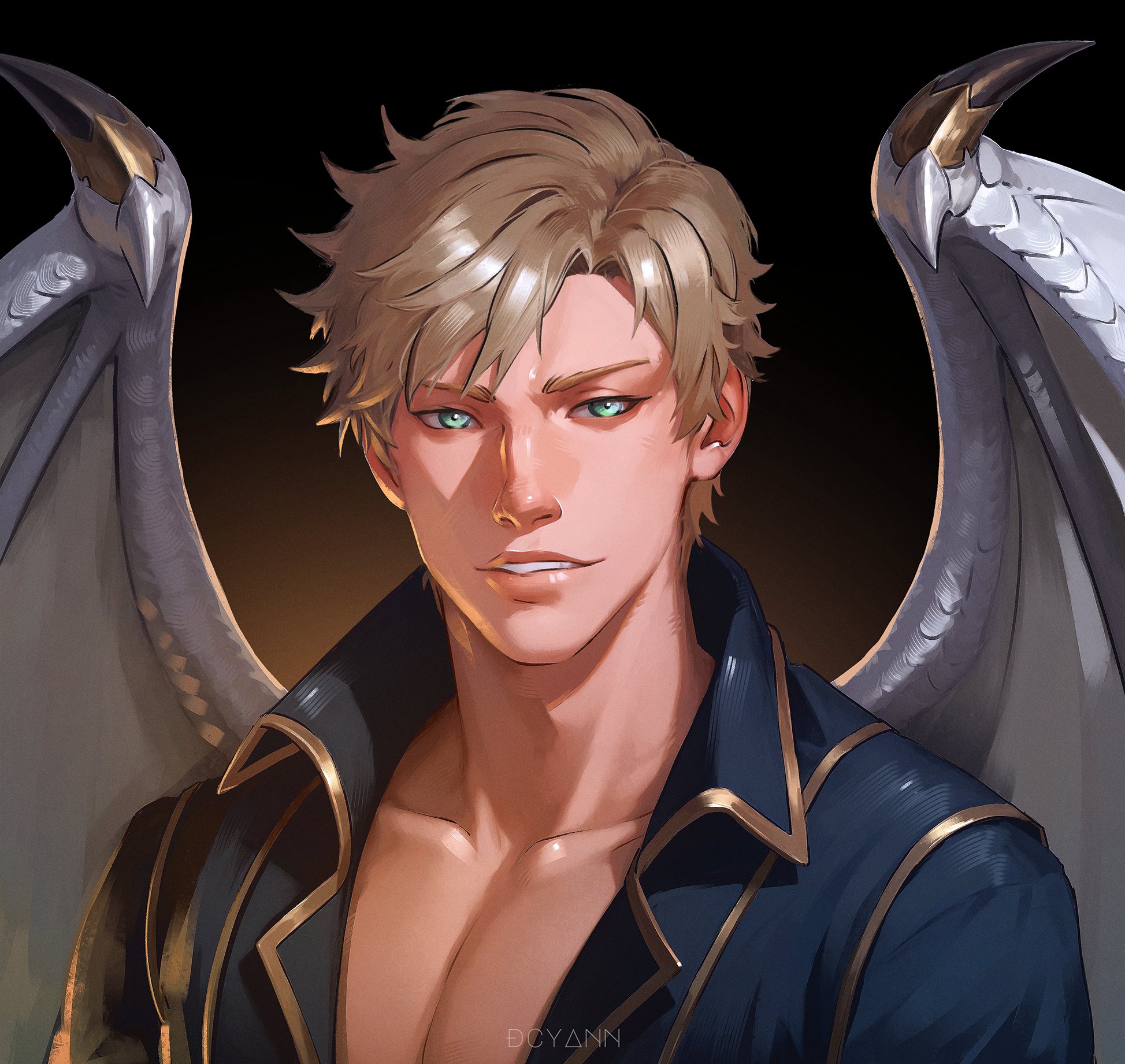 dcyann, original, highres, 1boy, artist name, blonde hair, blue jacket, collared jacket, dragon wings, gold trim, green eyes, jacket, looking at viewer, male focus, short hair, solo, upper body, wings